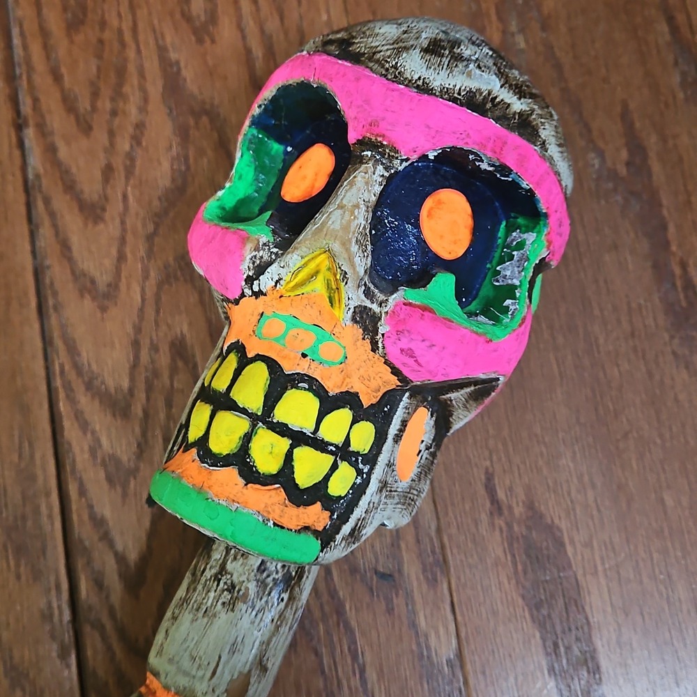 Vintage Wooden‎ Handmade Skull Cane Painted Sugar Skull Voodoo Dia De Muertos